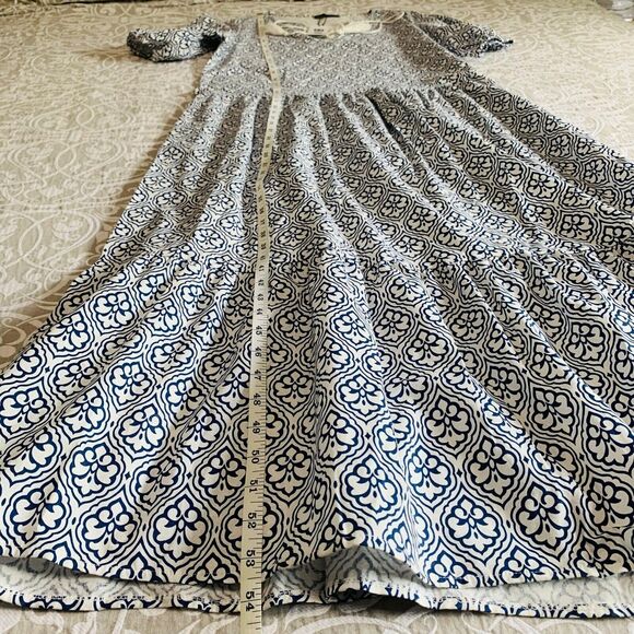 Noracora Dress Women S White Blue Damask Maxi Tier Cotton Linen Cottage Boho NWT - Picture 7 of 12